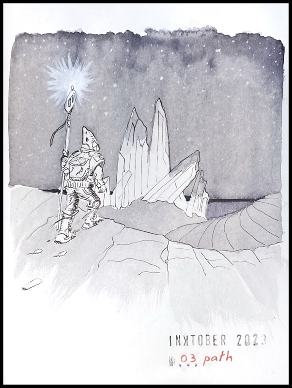 Black and grey ink drawing of a character seen from behind, wearing a helmet and carrying a long staff whose top is shining. The man climbs up a ridge from which a cluster of tall crystals are visible. The sky is clear, dark and starry.