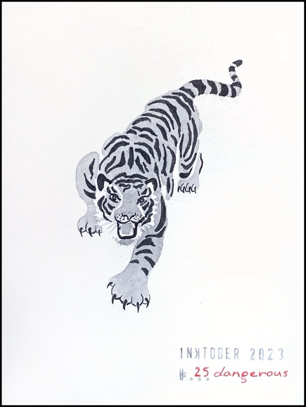 Grey and black ink drawing of a tiger crawling forward
