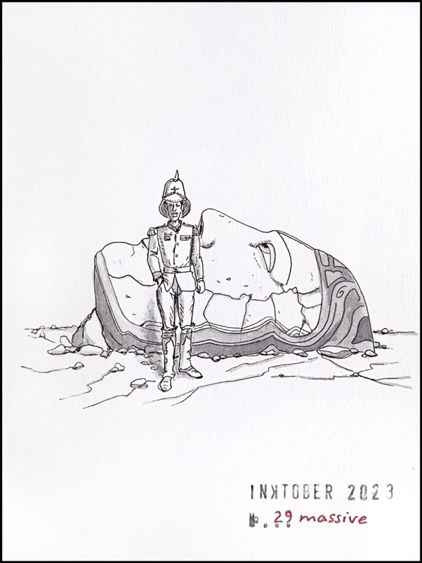 Grey ink drawing of a character in military costume and helmet, with a hand in his pocket, standing in front of the fallen head of a very large statue.