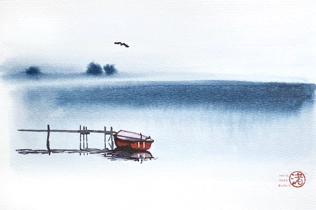Grey blue and red inks painting of a boat moored on a misty lake