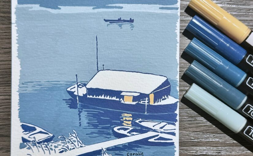 Art: Docked houseboat and snow